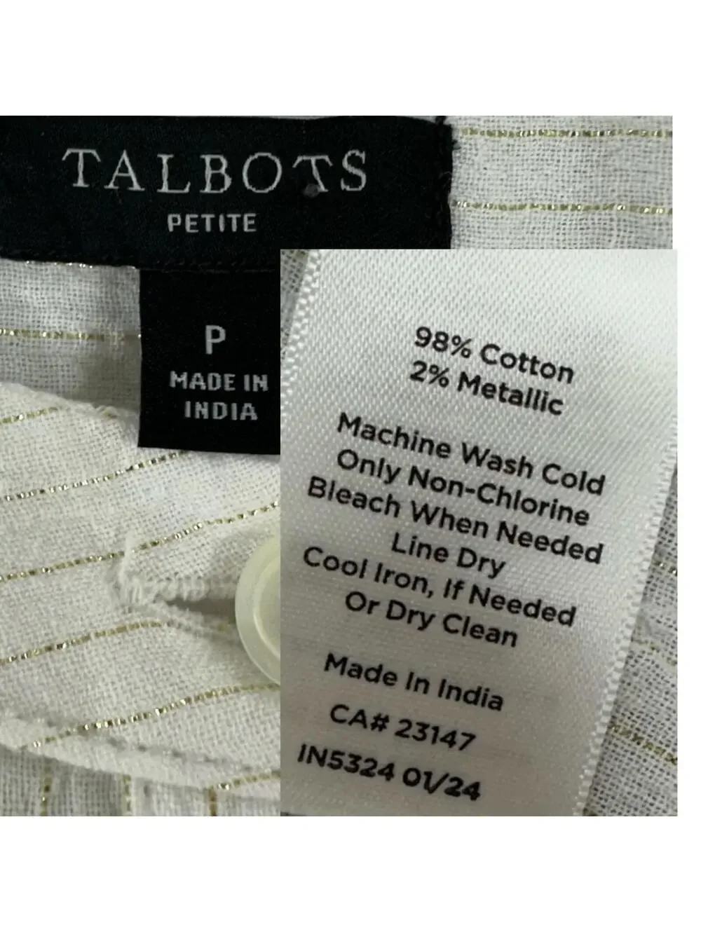 Talbots Petite White Blouse with Gold Stripes Lightweight Button Up Long Sleeve